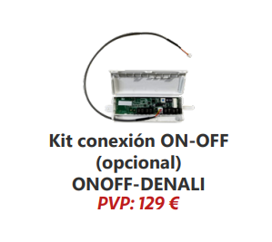 Conexión ON/OFF opcional Mediante el accesorio ONOFF-DENALI, disponible opcionalmente, el aire acondicionado puede conectarse a sistemas externos de control ON/OFF. Esto permite integrarlo con tarjeteros electrónicos, contactos de ventana y otras soluciones de automatización, especialmente interesantes en hoteles, apartamentos turísticos y proyectos donde se busca reducir consumos innecesarios.